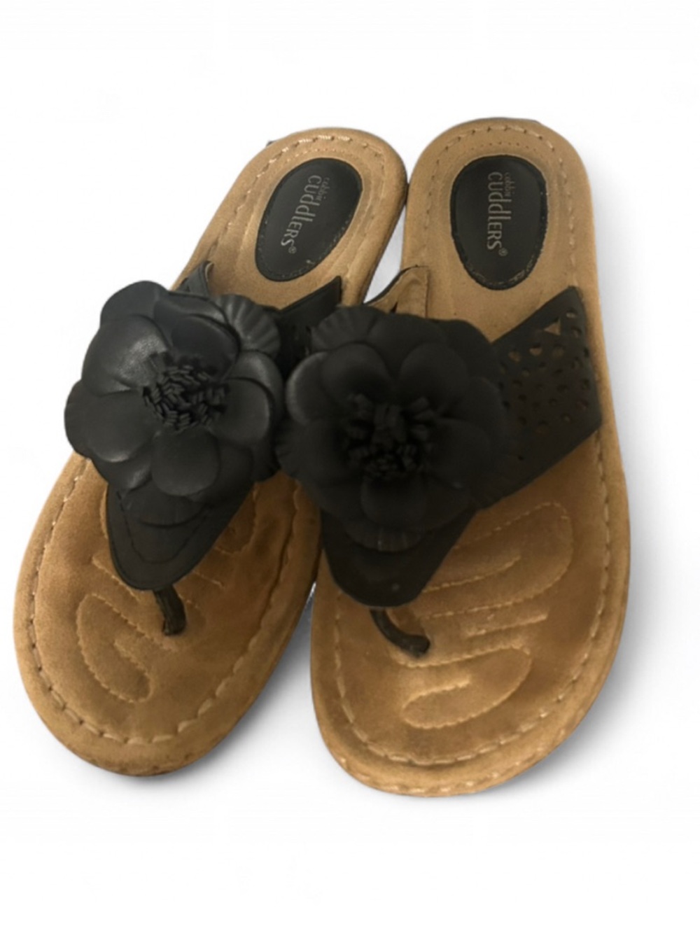 Cobbie Cuddlers Black Floral Thong Sandals Comfort Cushioned Wedge Size 8